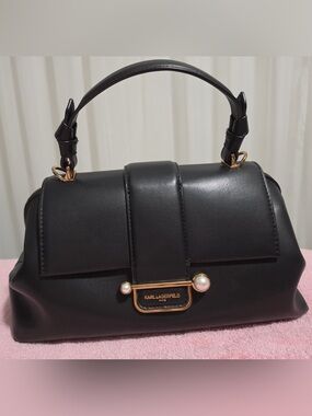 Karl Lagerfeld Black Leather Satchel with Pearl and Gold Accents
